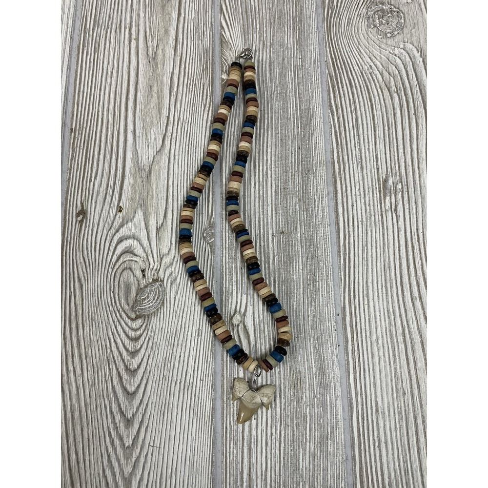 Shark Tooth Pendant Necklace Multi Color Wood Disc Bead Surf Boho 19 Inch
